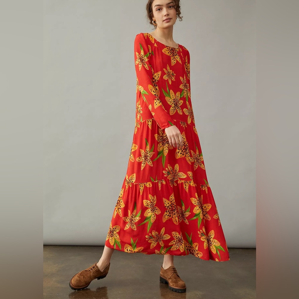 Anthropologie Farm Rio Red Floral Long Sleeve Dress Small